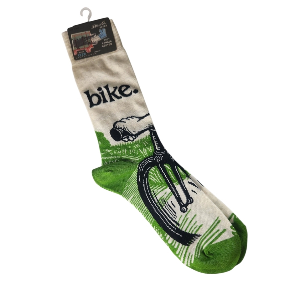 BlueQ Mens Bike Path Novelty Crew Socks 7-12 Soft Combed Cotton Blend Green Crea